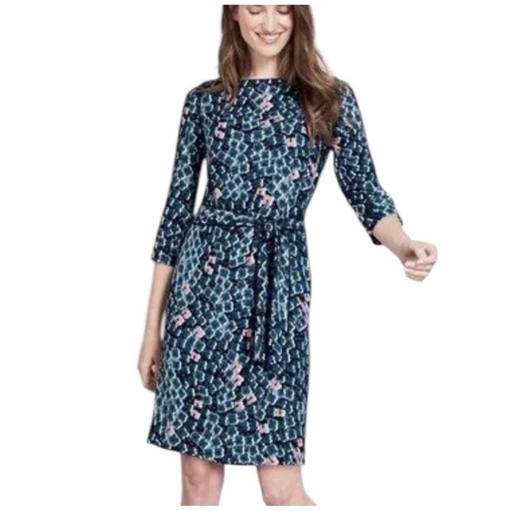 Boden Kelly Dress Size US 8 UK 12 Teal Pink Floral Crepe Belted 3/4 Sleeve Knee